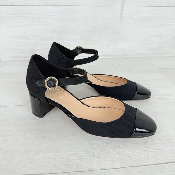 J.Crew Millie Ankle Strap Heels Size 8 Black Moiré Italian Leather Holiday Dance - Picture 2 of 16